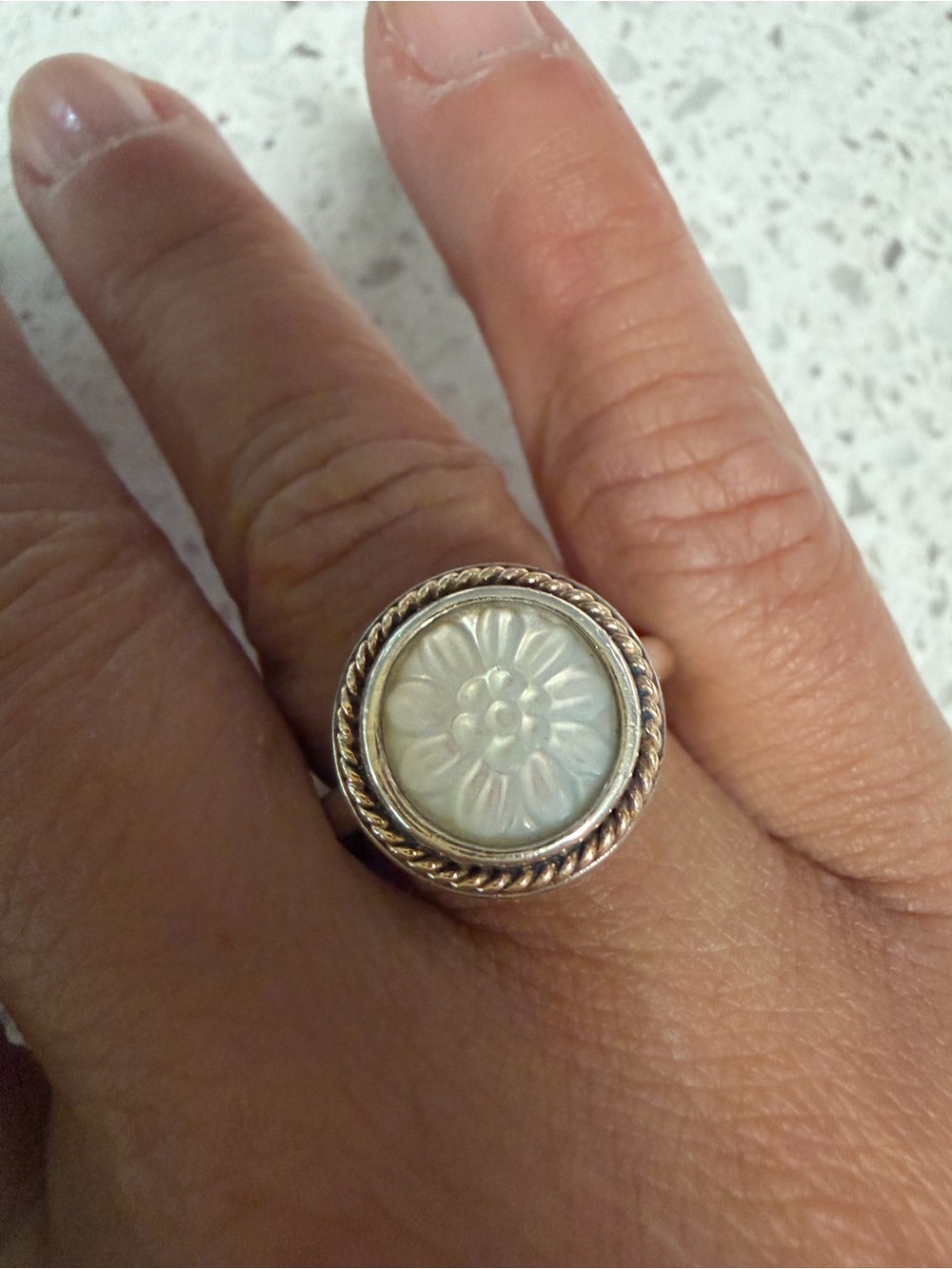 Pandora Sterling Silver Floral Mother-of-Pearl Ring with Rope Gold Details - Picture 2 of 5